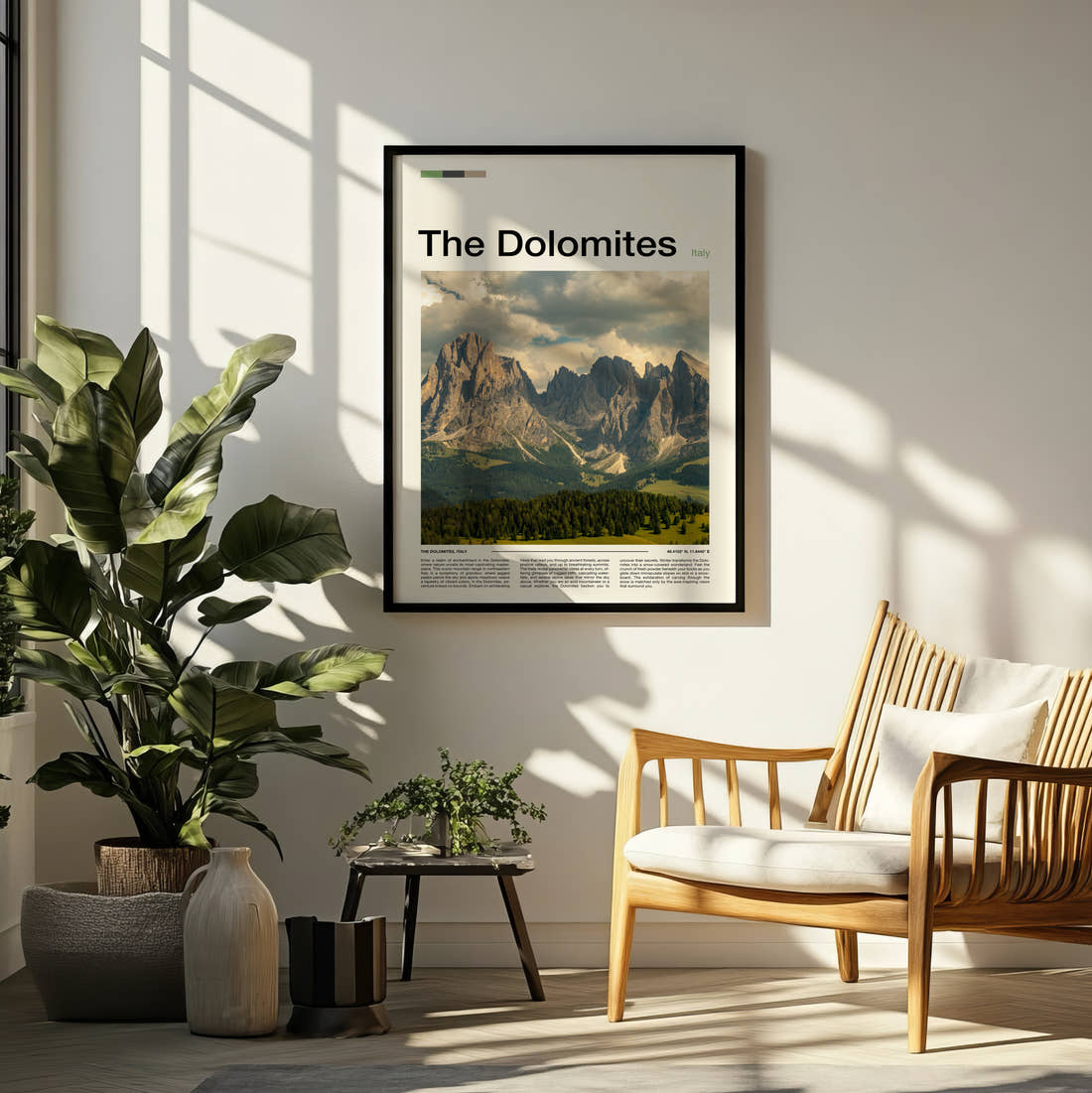 Dolomites Jagged Peaks Over Forest Travel Print framed on a pale wall beside houseplants