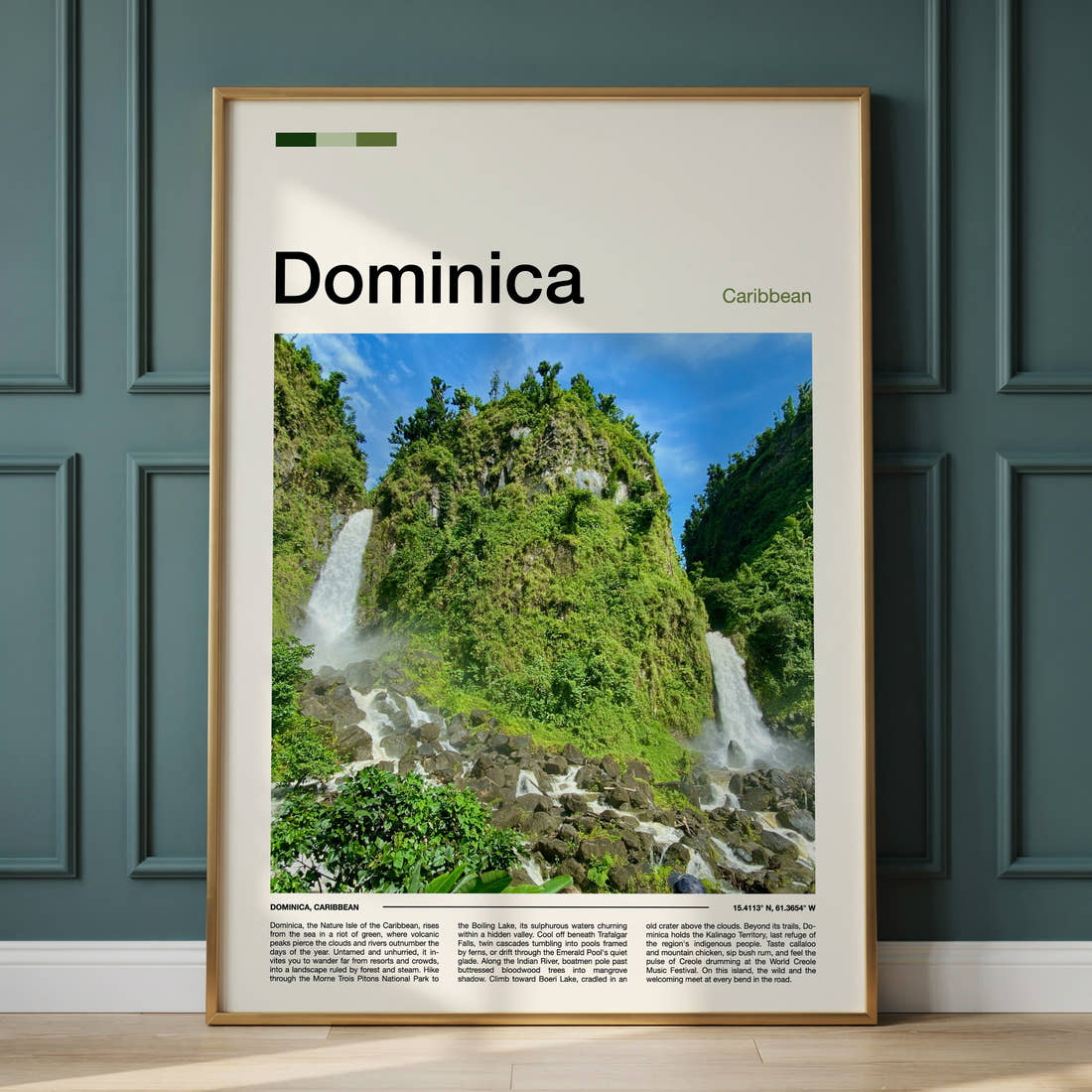 Dominica Twin Rainforest Waterfalls Travel Print framed on the wall of a calm, neutral bedroom