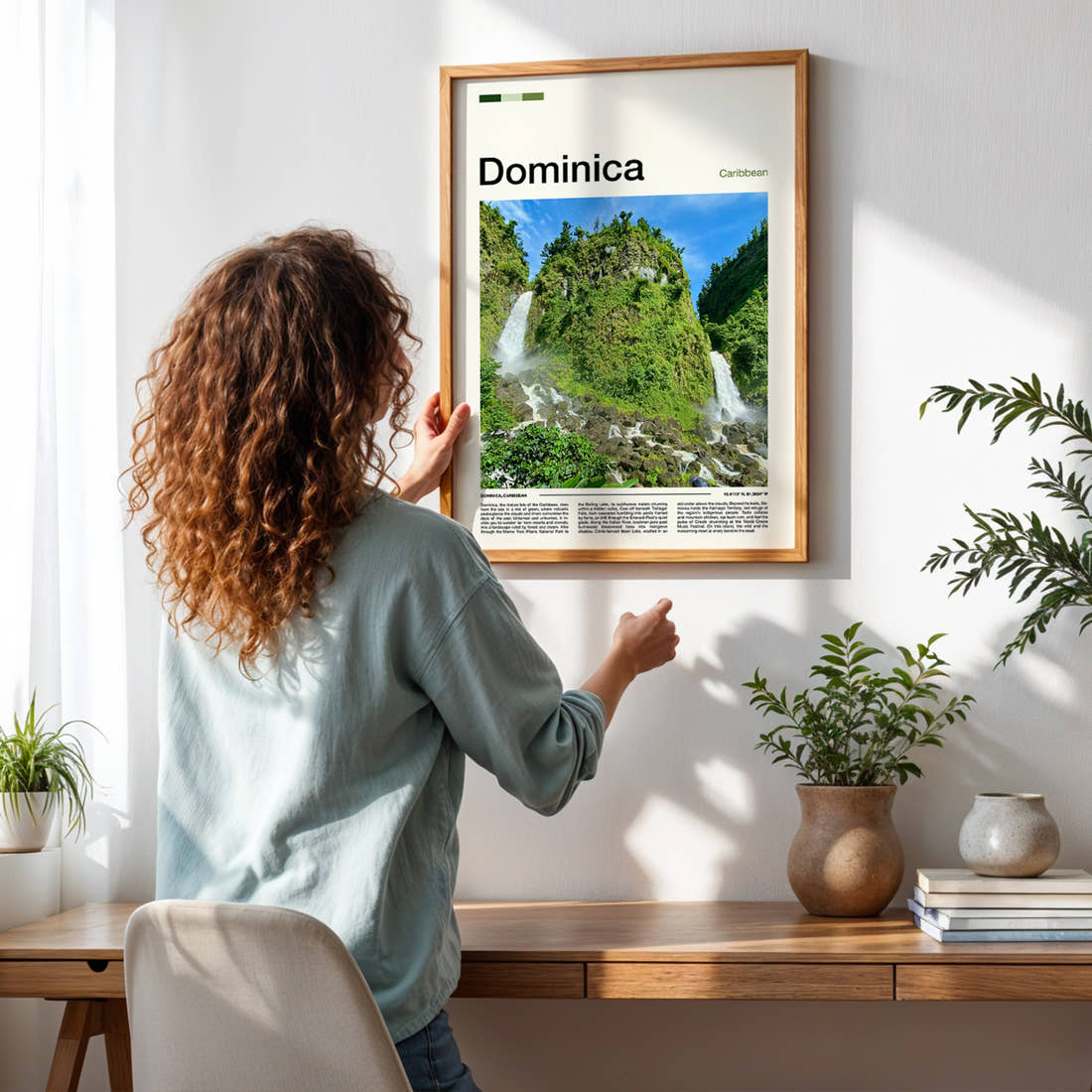 Dominica Twin Rainforest Waterfalls Travel Print framed on a pale wall beside houseplants