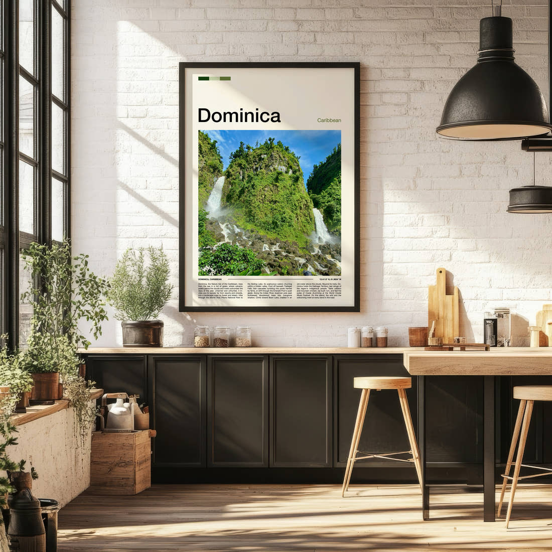 Dominica Twin Rainforest Waterfalls Travel Print framed on the wall of a bright kitchen and dining space