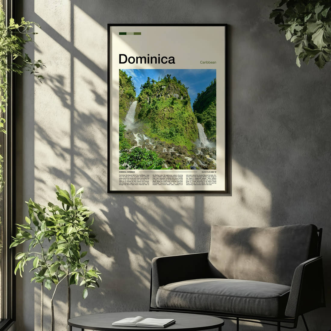 Dominica Twin Rainforest Waterfalls Travel Print framed on the wall of a relaxed living room