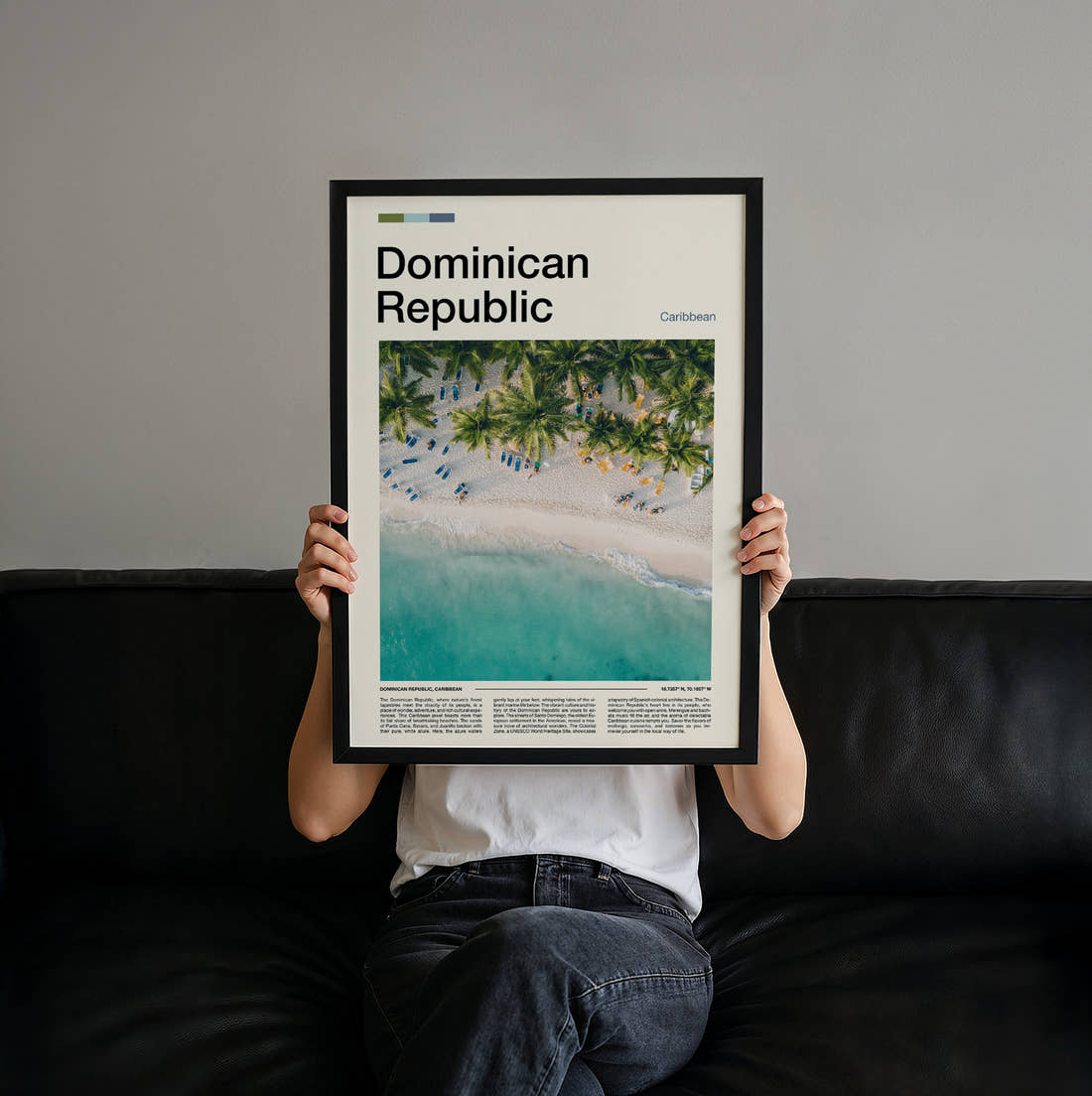 Dominican Republic Beach From Above Travel Print held up by hand to show the size of the print