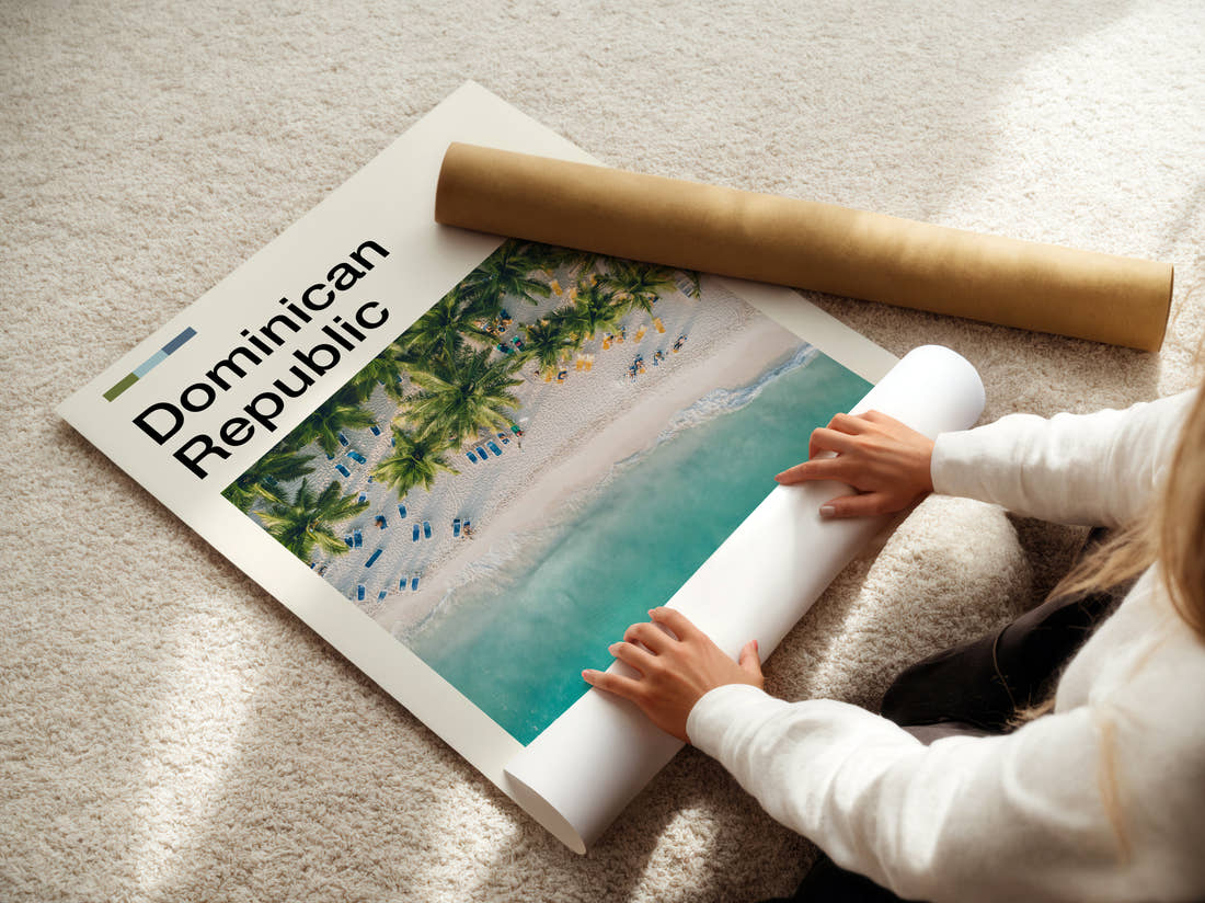 Dominican Republic Beach From Above Travel Print being unrolled from its postal tube