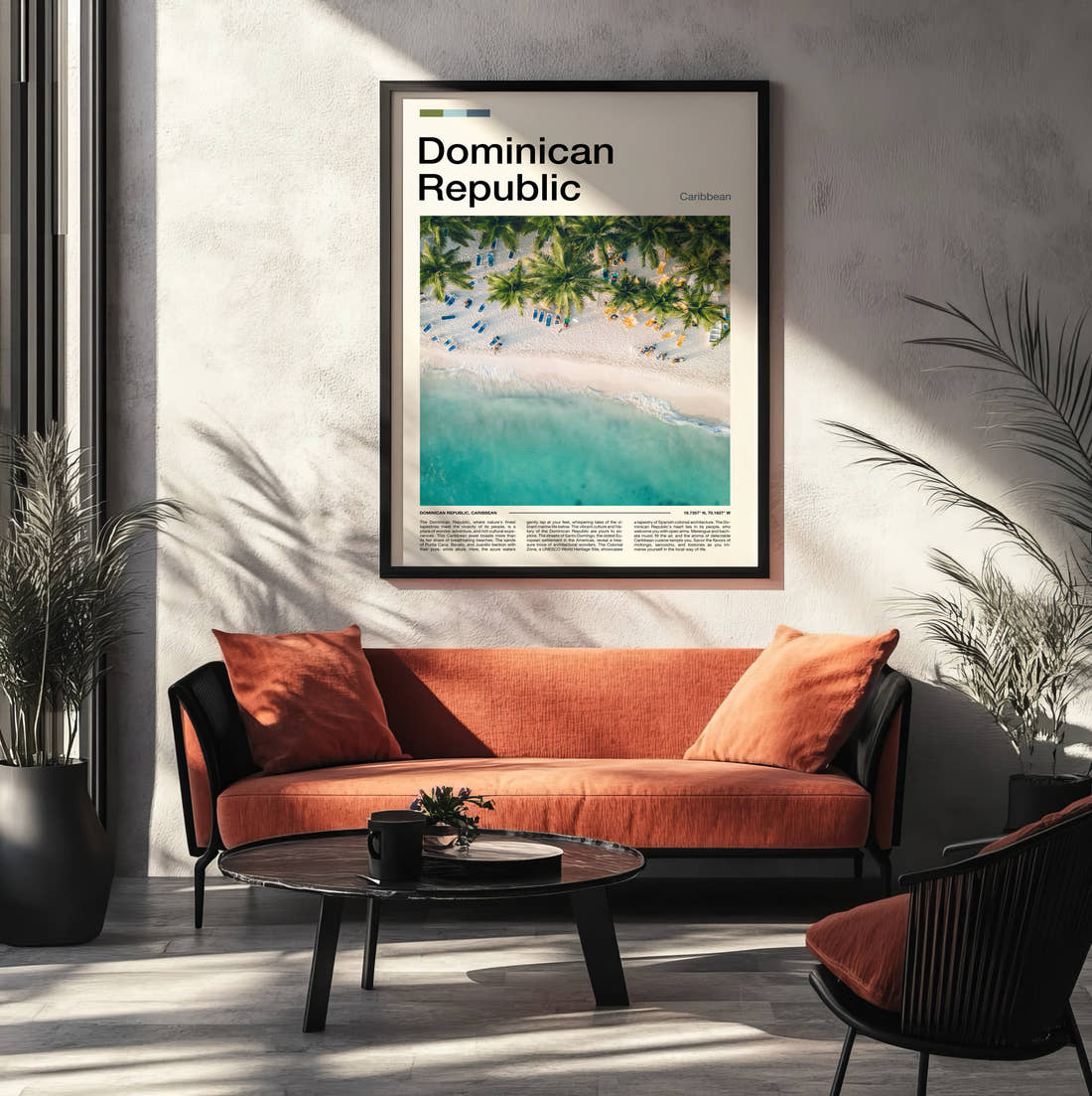Dominican Republic Beach From Above Travel Print framed on the wall of a modern living room
