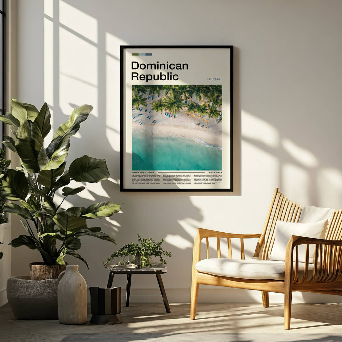 Dominican Republic Beach From Above Travel Print framed on a pale wall beside houseplants