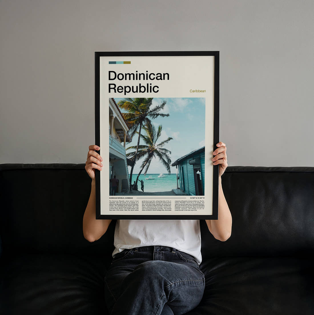 Dominican Republic Beach Huts And Palms Travel Print held up by hand to show the size of the print