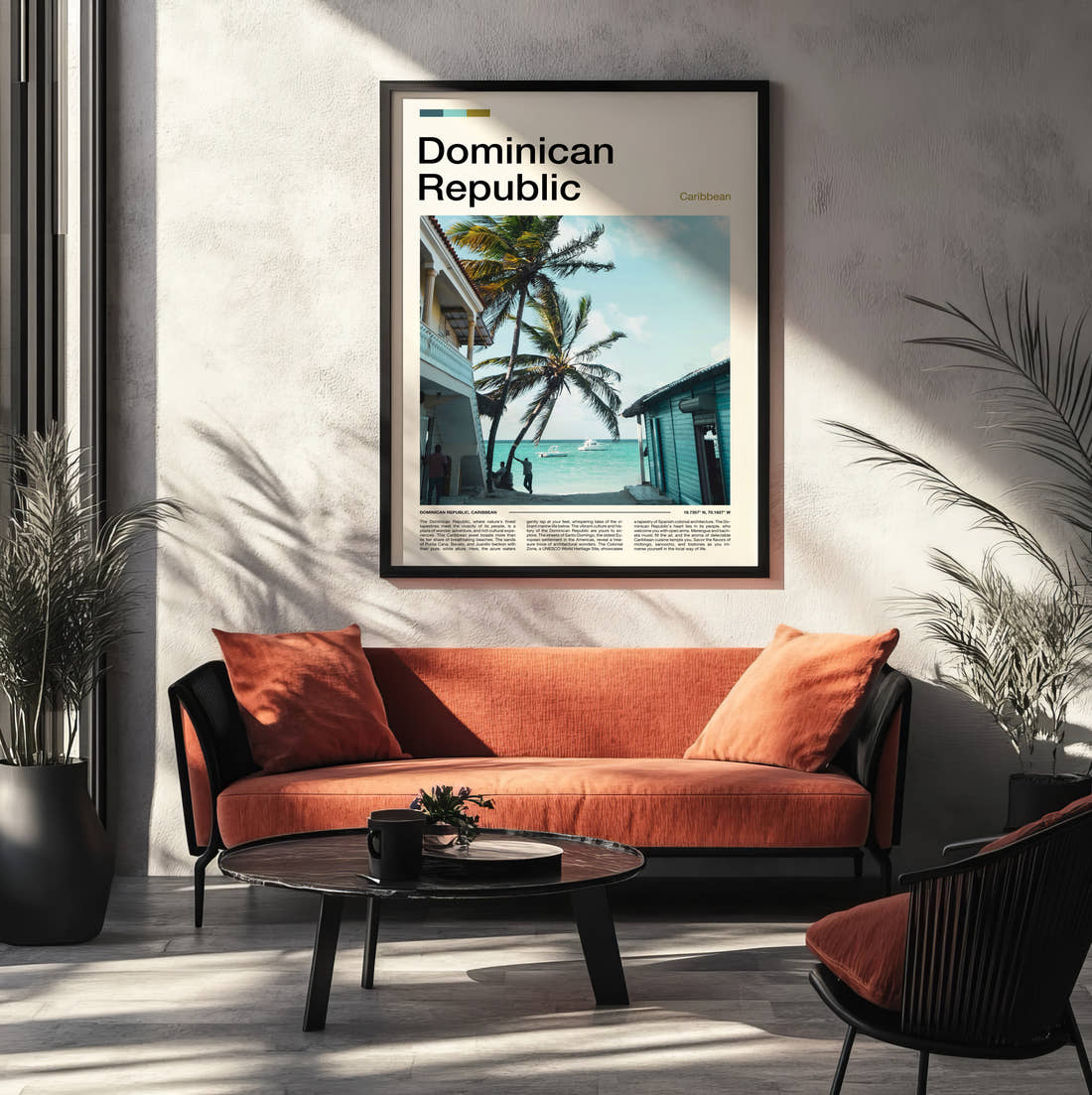 Dominican Republic Beach Huts And Palms Travel Print framed on the wall of a modern living room