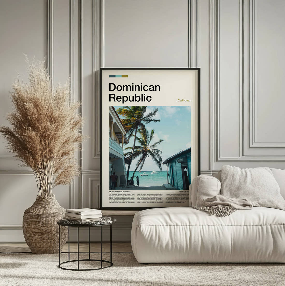 Dominican Republic Beach Huts And Palms Travel Print framed on the wall of a calm, neutral bedroom