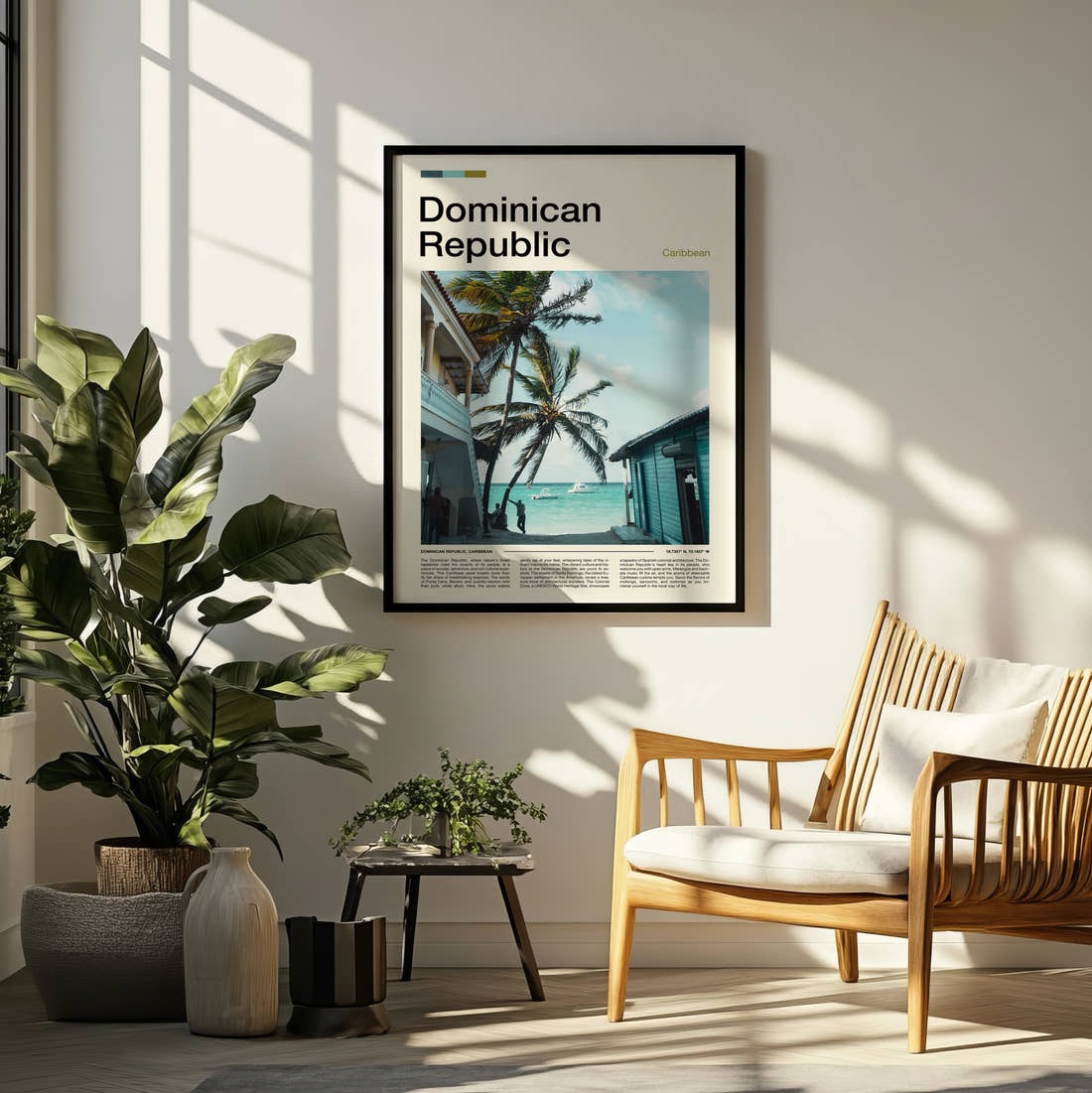 Dominican Republic Beach Huts And Palms Travel Print framed on a pale wall beside houseplants