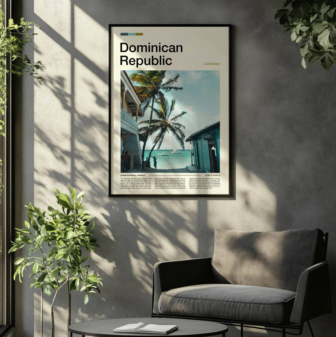 Dominican Republic Beach Huts And Palms Travel Print framed on the wall of a relaxed living room