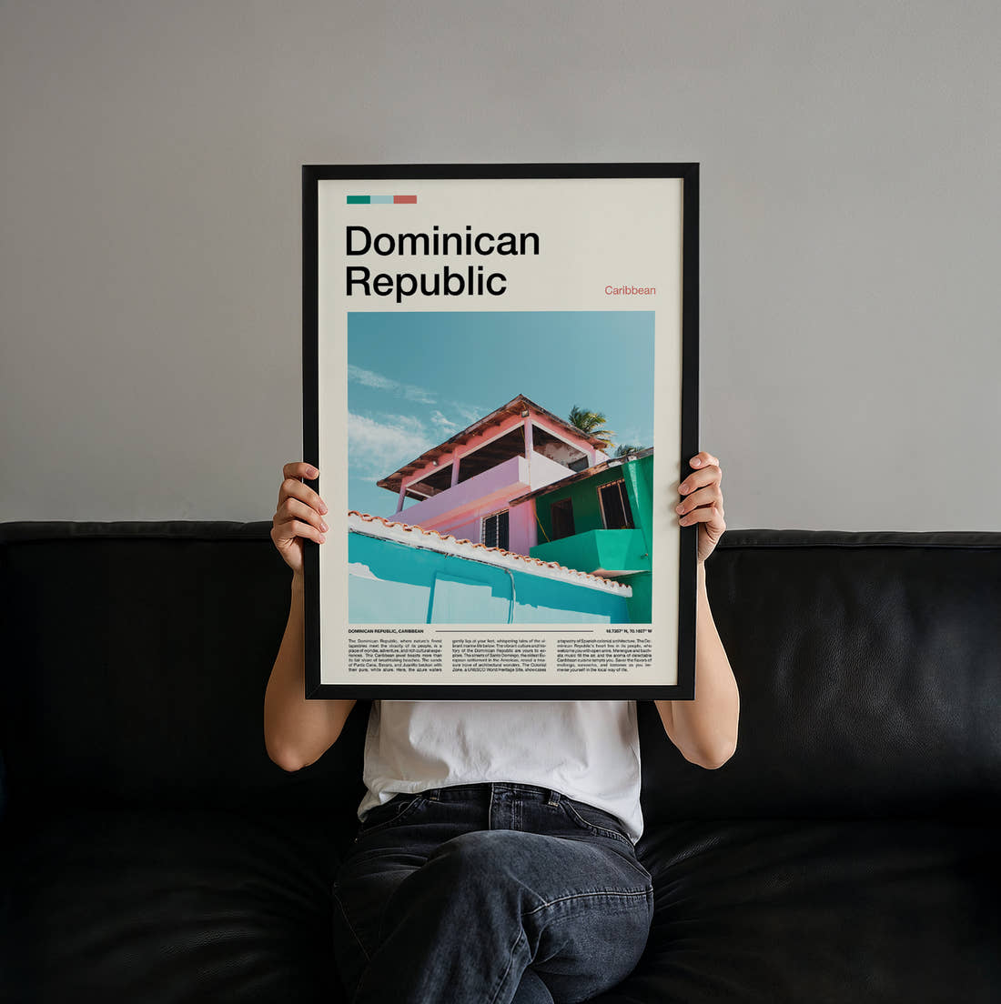 Dominican Republic Colourful Beach House Travel Print held up by hand to show the size of the print