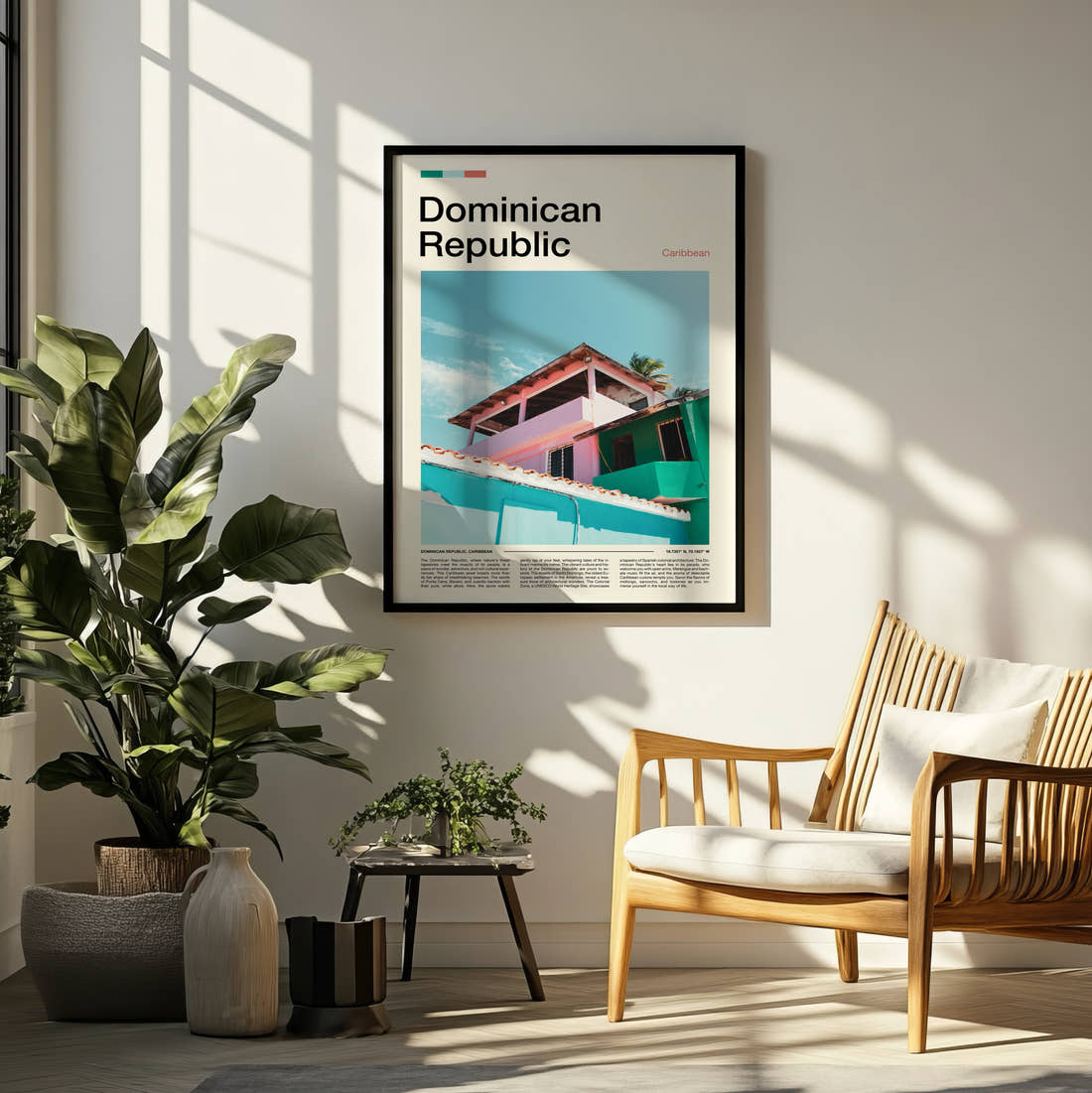 Dominican Republic Colourful Beach House Travel Print framed on a pale wall beside houseplants