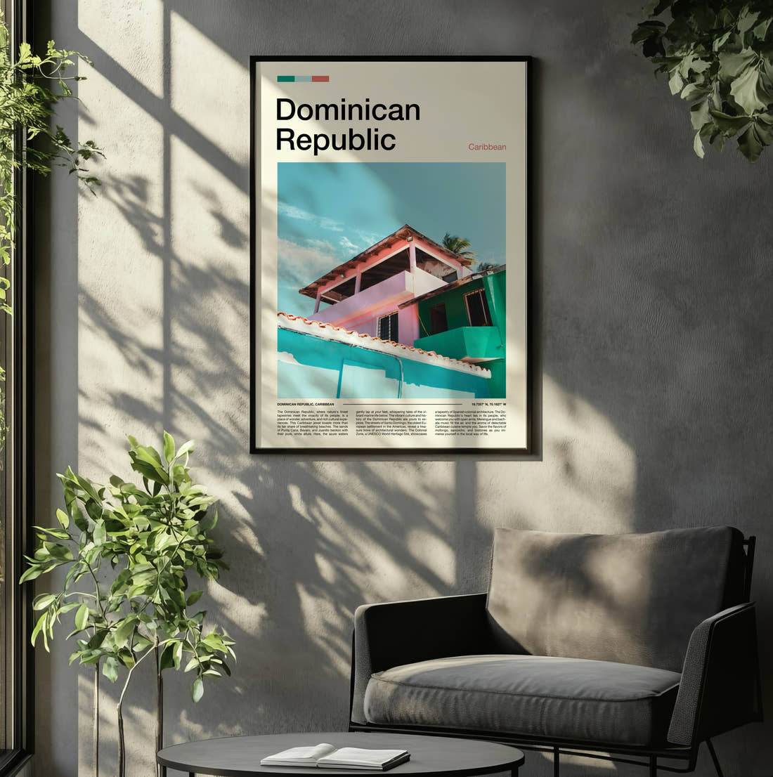 Dominican Republic Colourful Beach House Travel Print framed on the wall of a relaxed living room