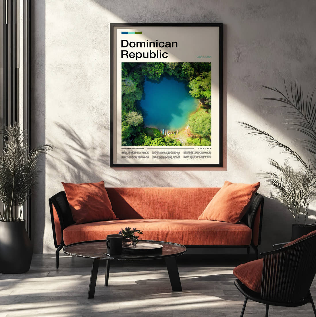 Dominican Republic Jungle Lagoon Travel Print framed on the wall of a modern living room