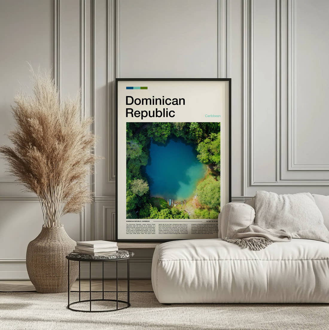 Dominican Republic Jungle Lagoon Travel Print framed on the wall of a calm, neutral bedroom