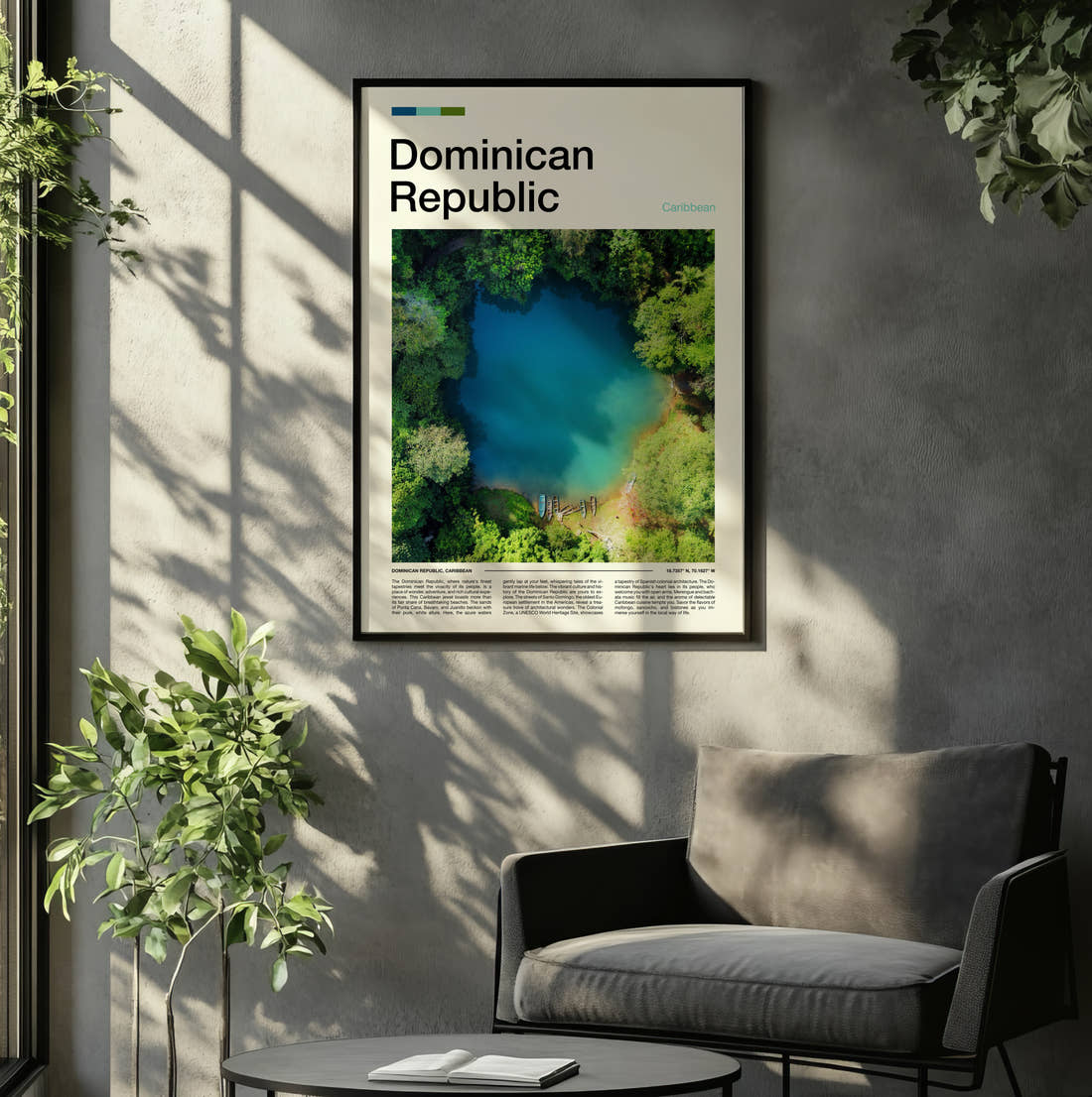 Dominican Republic Jungle Lagoon Travel Print framed on the wall of a relaxed living room