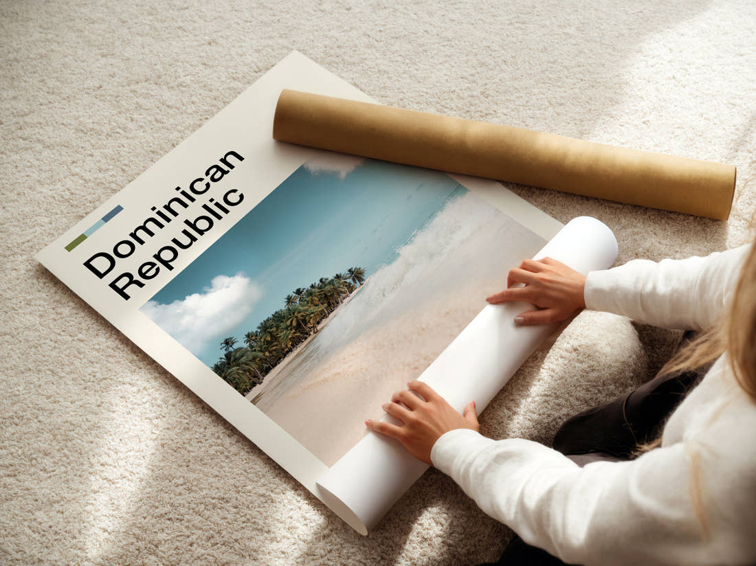 Dominican Republic White Sand Beach Travel Print being unrolled from its postal tube