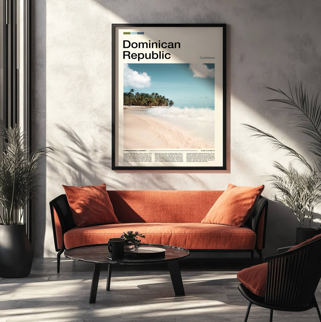 Dominican Republic White Sand Beach Travel Print framed on the wall of a modern living room