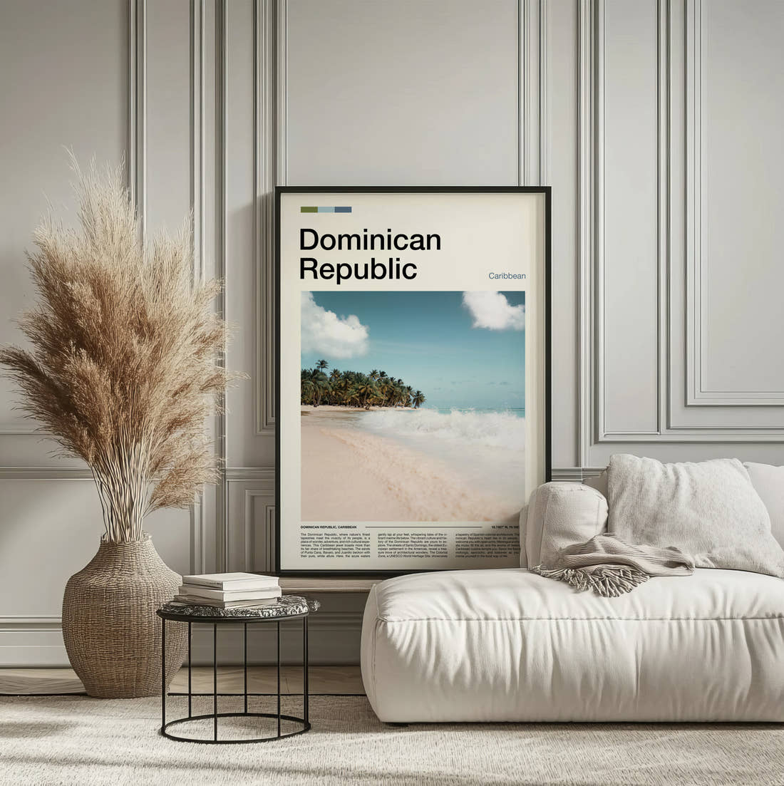 Dominican Republic White Sand Beach Travel Print framed on the wall of a calm, neutral bedroom