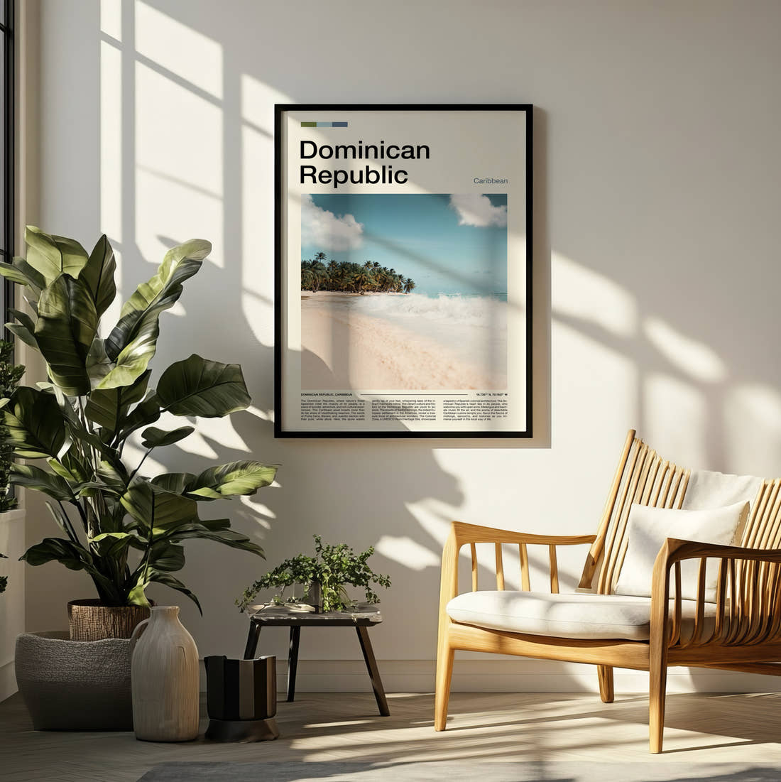 Dominican Republic White Sand Beach Travel Print framed on a pale wall beside houseplants