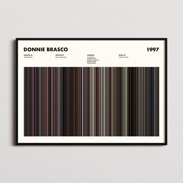 Donnie Brasco Movie Barcode Poster framed and photographed straight on