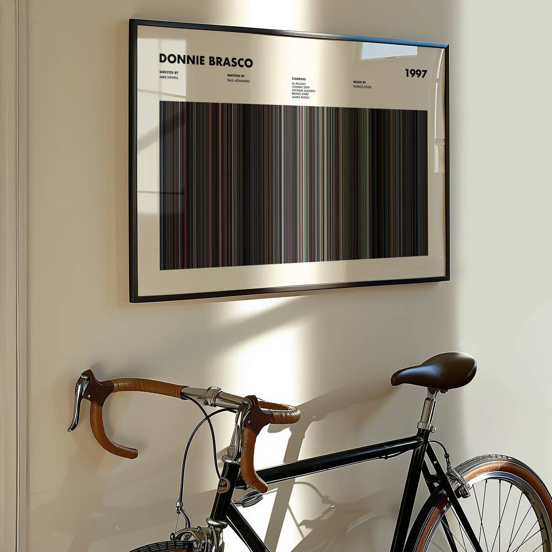 Donnie Brasco Movie Barcode Poster framed on the wall of a styled room setting