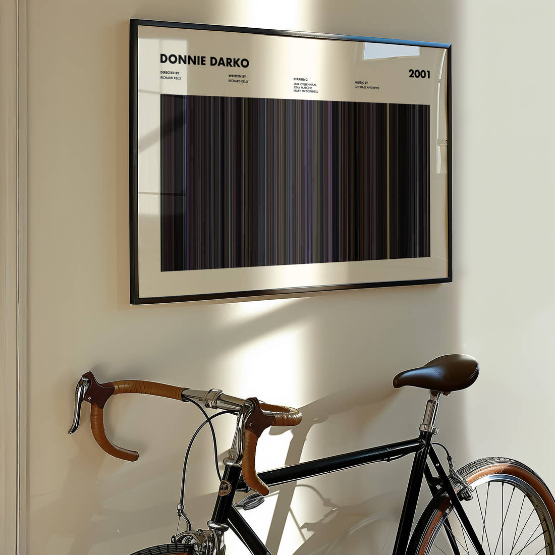 Donnie Darko Movie Barcode Poster framed on the wall of a styled room setting