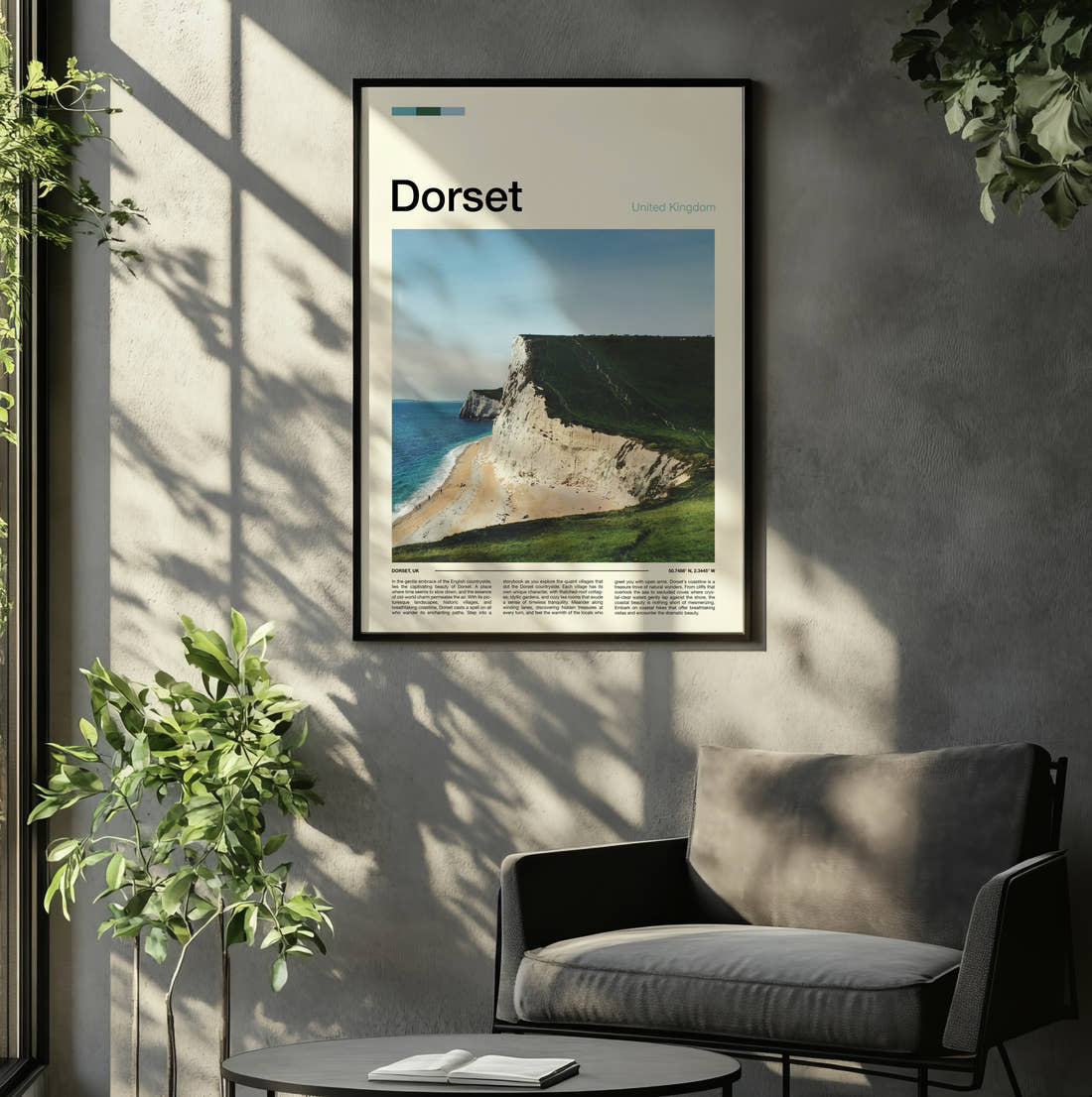 Dorset White Chalk Cliffs Travel Print framed on the wall of a relaxed living room