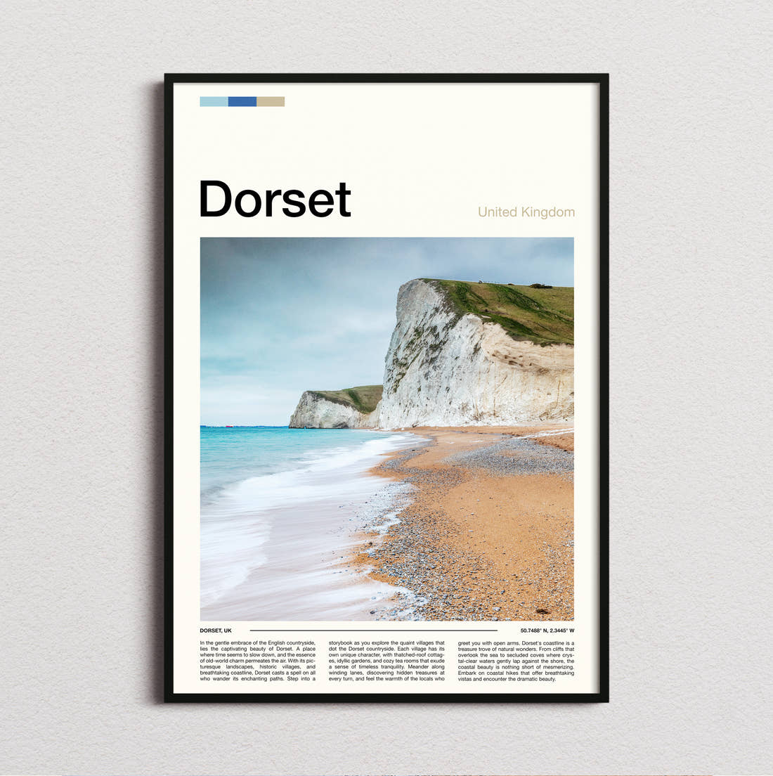 Dorset Chalk Cliffs And Beach Travel Print framed and photographed straight on