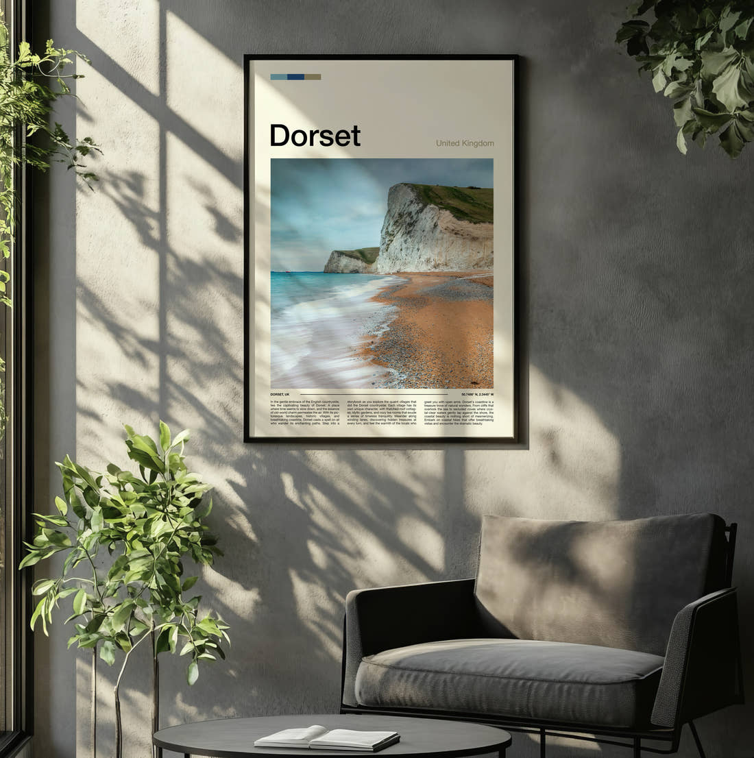 Dorset Chalk Cliffs And Beach Travel Print framed on the wall of a relaxed living room