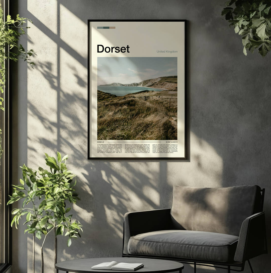 Dorset Clifftop Over The Bay Travel Print framed on the wall of a relaxed living room