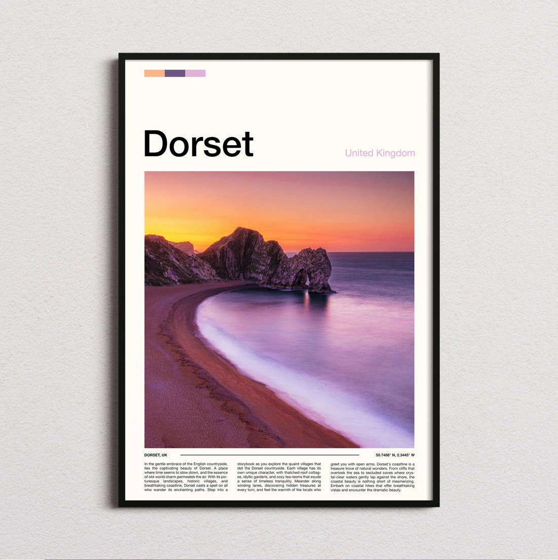 Dorset Durdle Door At Sunset Travel Print framed and photographed straight on
