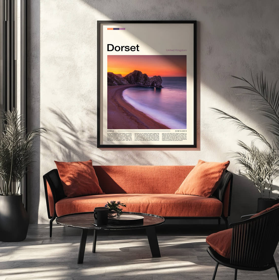 Dorset Durdle Door At Sunset Travel Print framed on the wall of a modern living room
