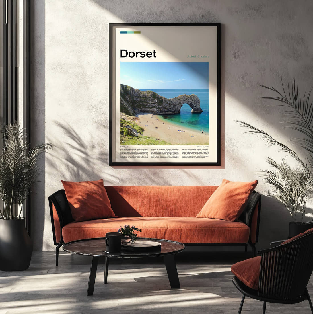 Dorset Durdle Door In Summer Travel Print framed on the wall of a modern living room