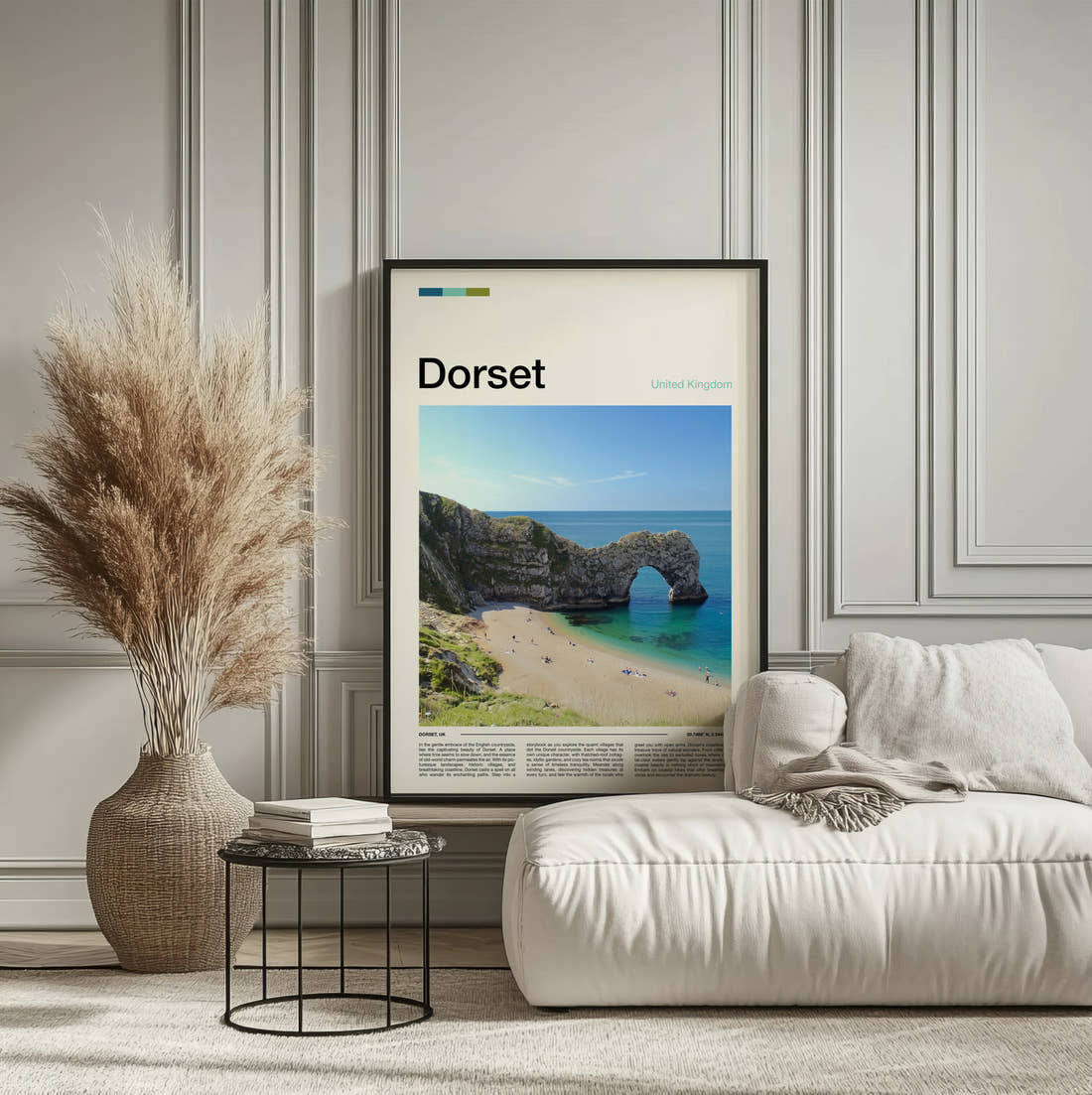 Dorset Durdle Door In Summer Travel Print framed on the wall of a calm, neutral bedroom