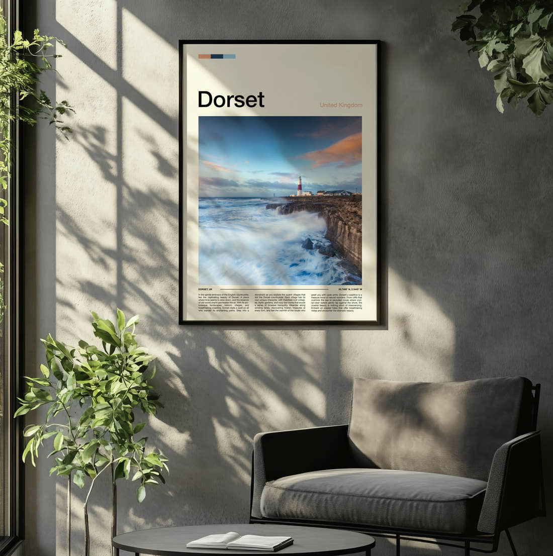 Dorset Lighthouse On The Pier Travel Print framed on the wall of a relaxed living room