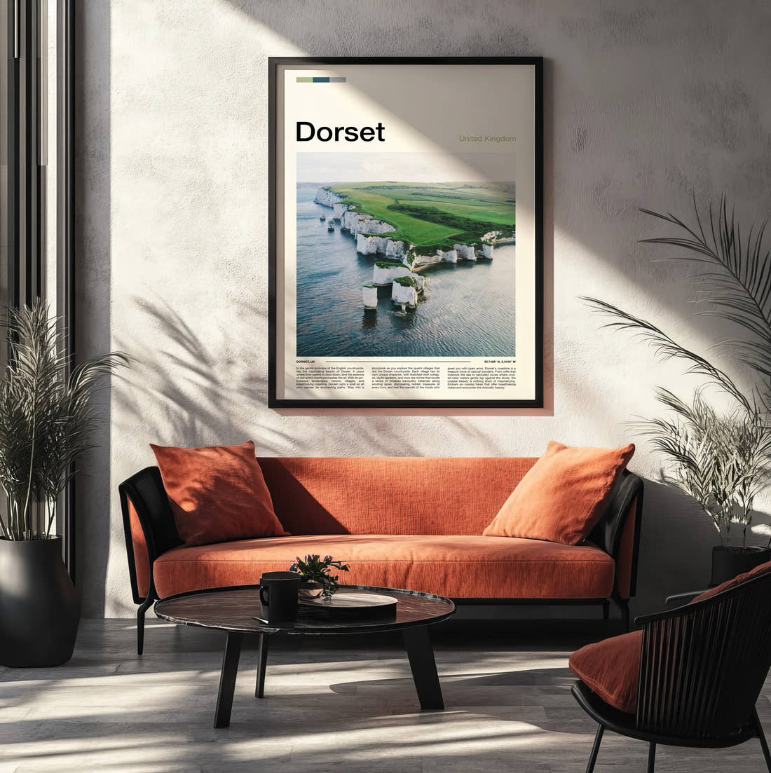 Dorset Old Harry Rocks Travel Print framed on the wall of a modern living room