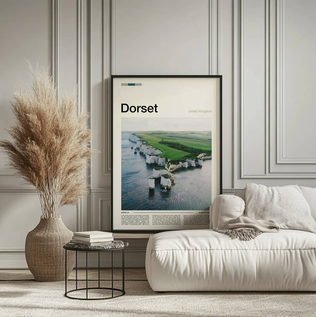 Dorset Old Harry Rocks Travel Print framed on the wall of a calm, neutral bedroom