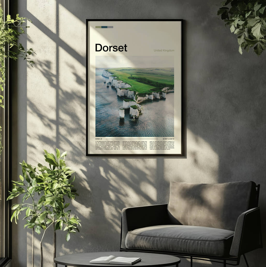 Dorset Old Harry Rocks Travel Print framed on the wall of a relaxed living room