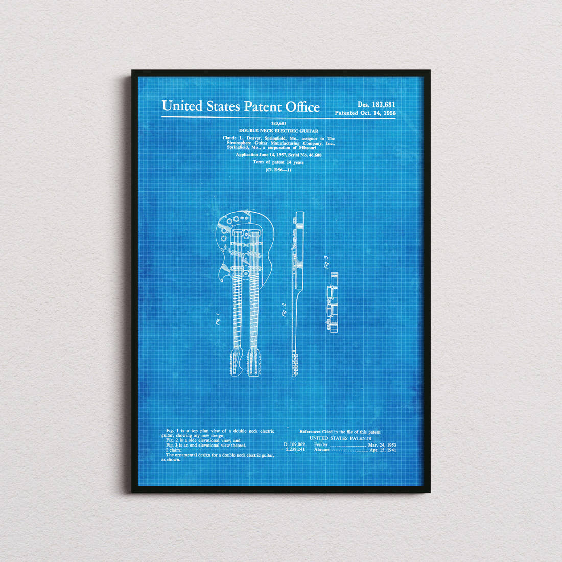 Double Neck Electric Guitar Patent Print in the blueprint colourway, framed