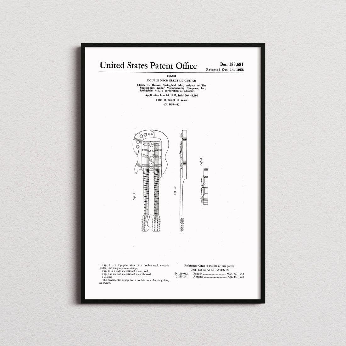 Double Neck Electric Guitar Patent Print in the white colourway, framed