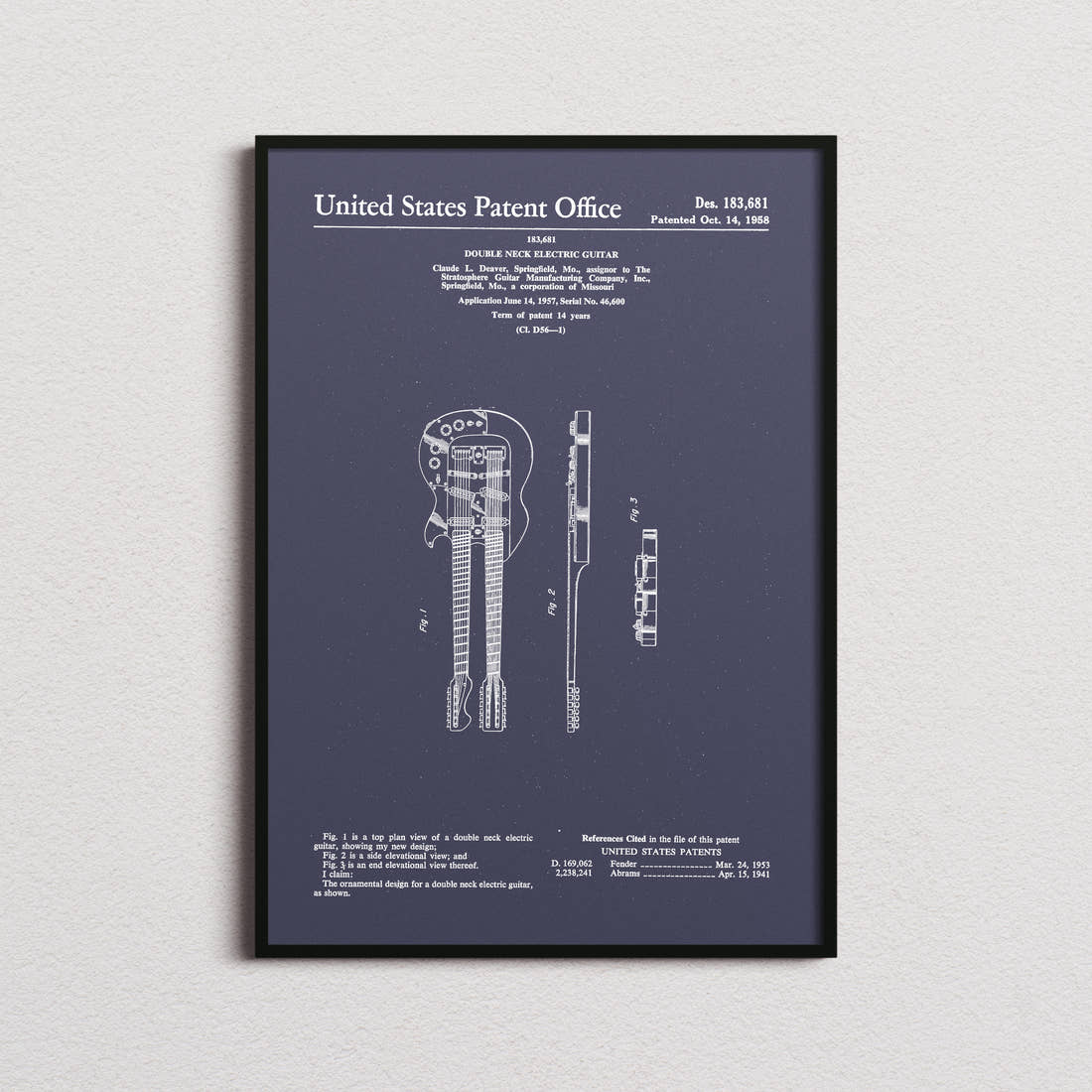 Double Neck Electric Guitar Patent Print in the navy colourway, framed
