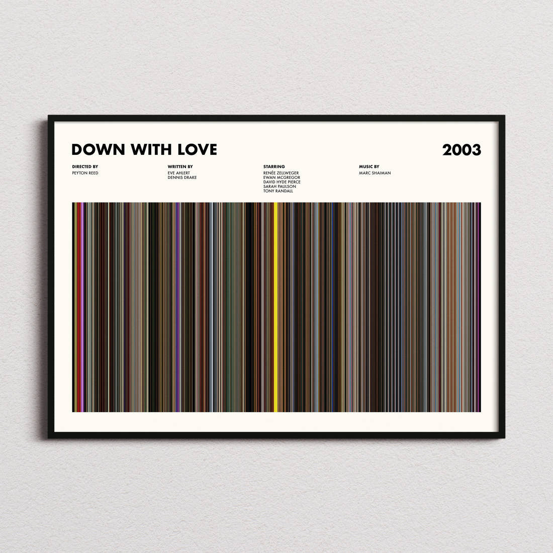 Down With Love Movie Barcode Poster framed and photographed straight on
