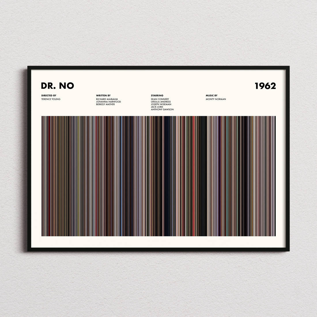 Dr. No Movie Barcode Poster framed and photographed straight on
