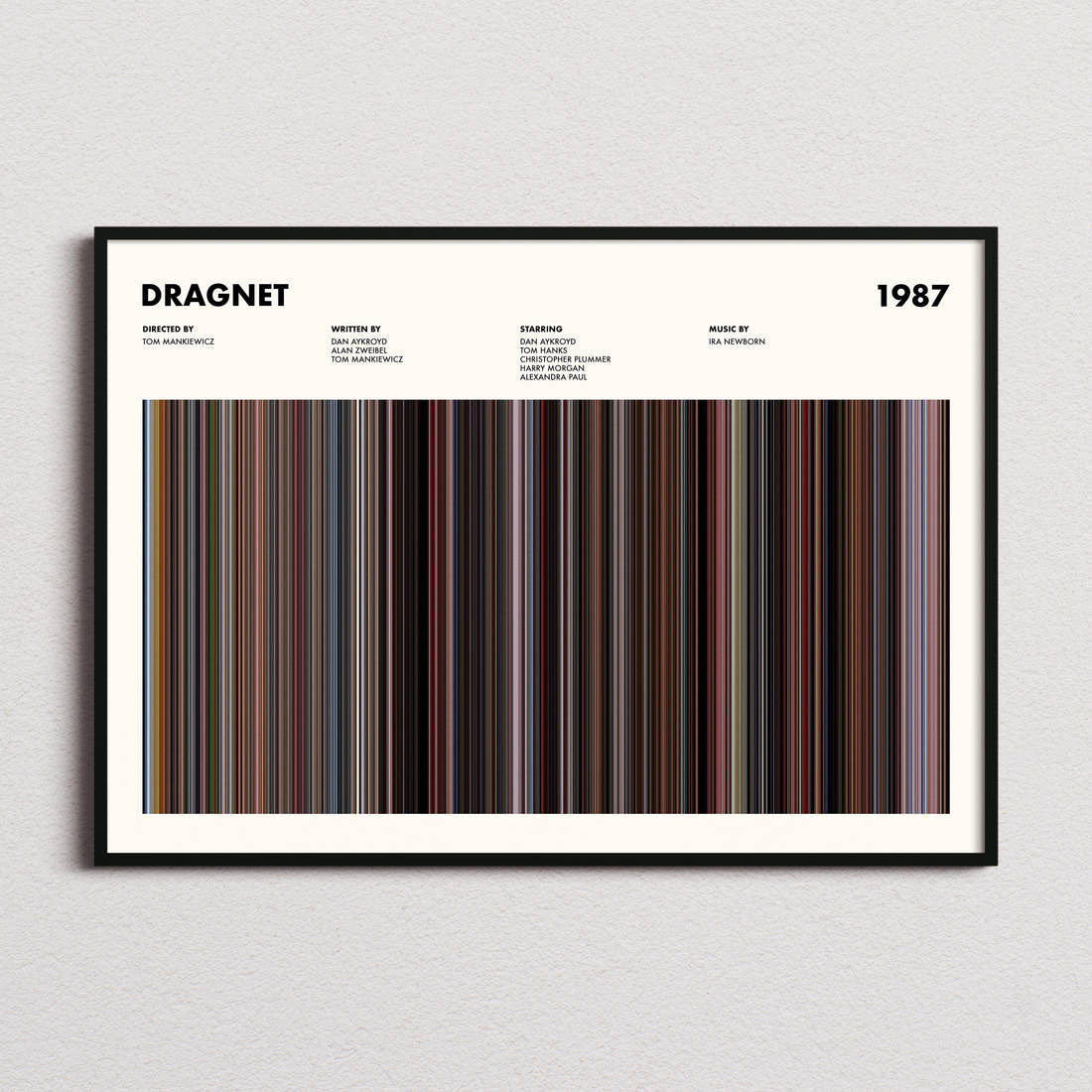 Dragnet Movie Barcode Poster framed and photographed straight on