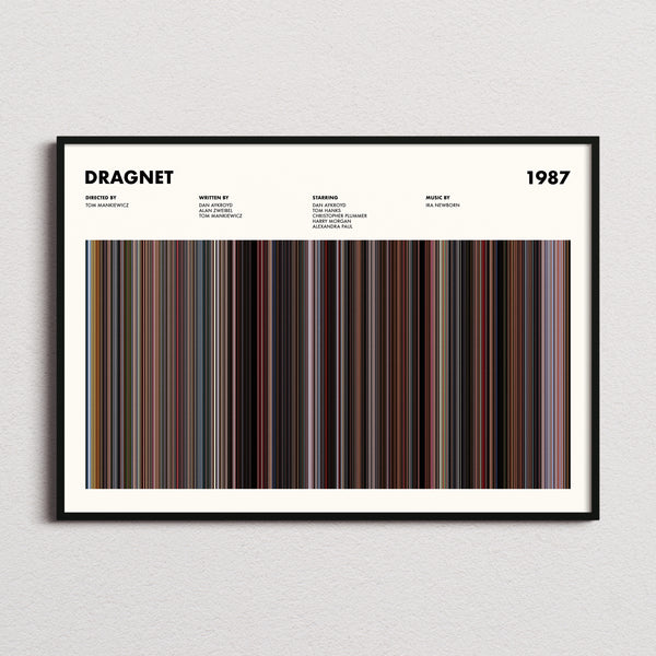 Dragnet Movie Barcode Poster framed and photographed straight on