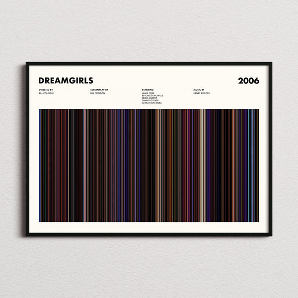 Dreamgirls Movie Barcode Poster framed and photographed straight on