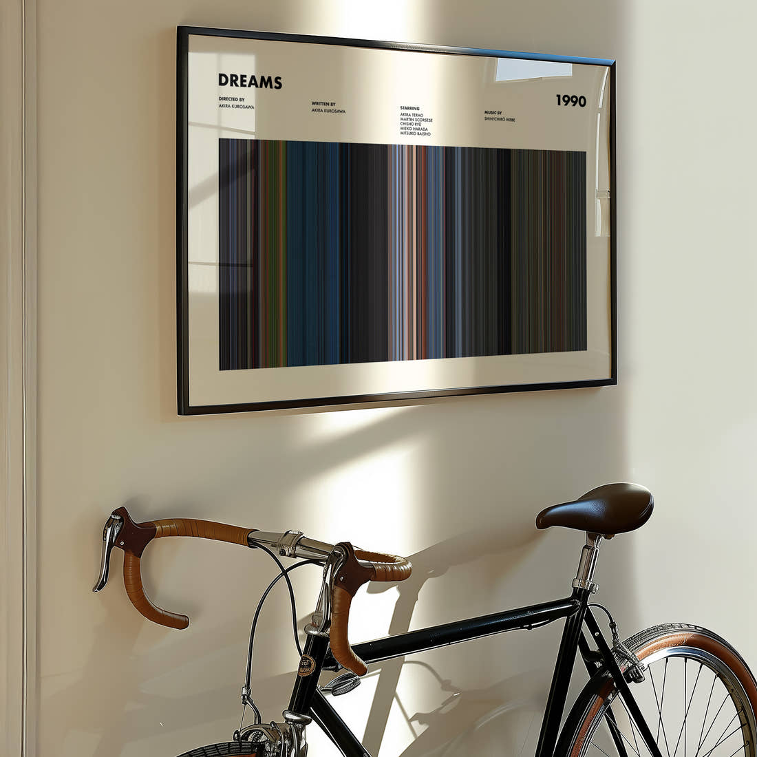Dreams Movie Barcode Poster framed on the wall of a styled room setting