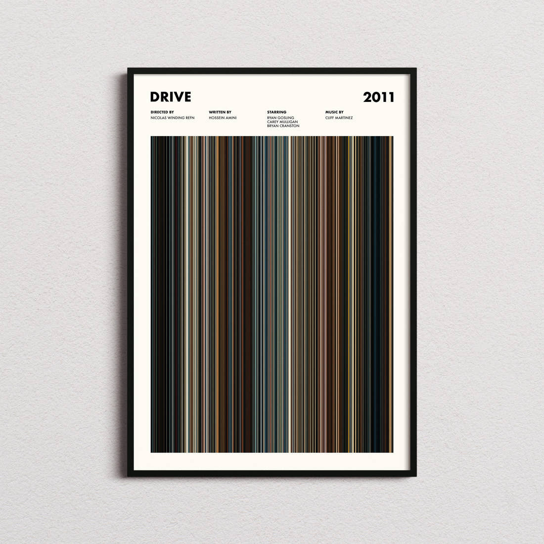 Drive Movie Barcode Poster framed on a plain studio wall