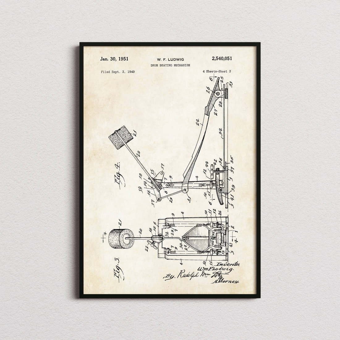 Drum Beating Mechanism Patent Print in the aged paper colourway, framed